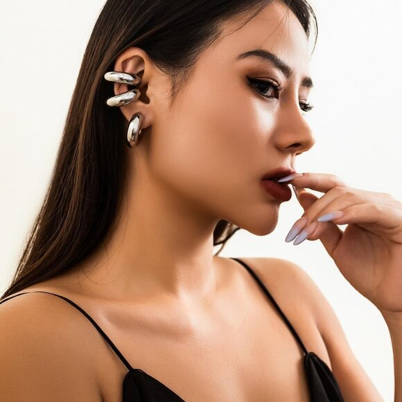 Silver Gold Non Piercing Chunky Ear Cuffs for Women - Pack of 4, Fashionable Wra - Picture 3 of 7